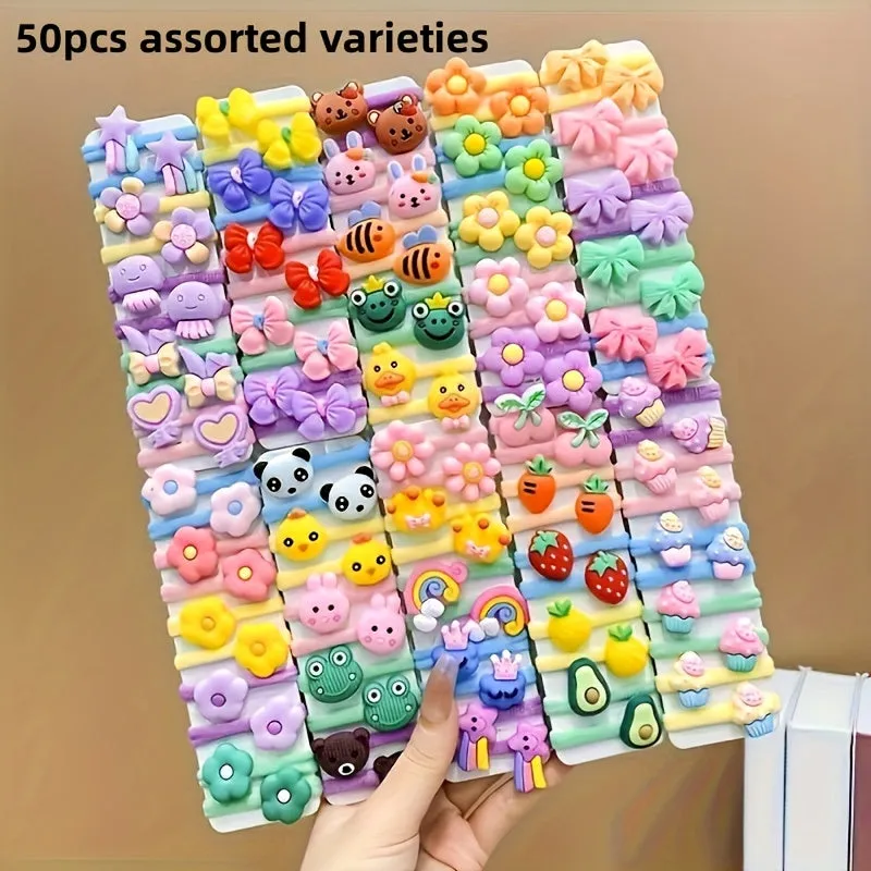 10-50 Pieces Cartoon Cute Animals, Fruit, and Flowers Decor Hair Ties