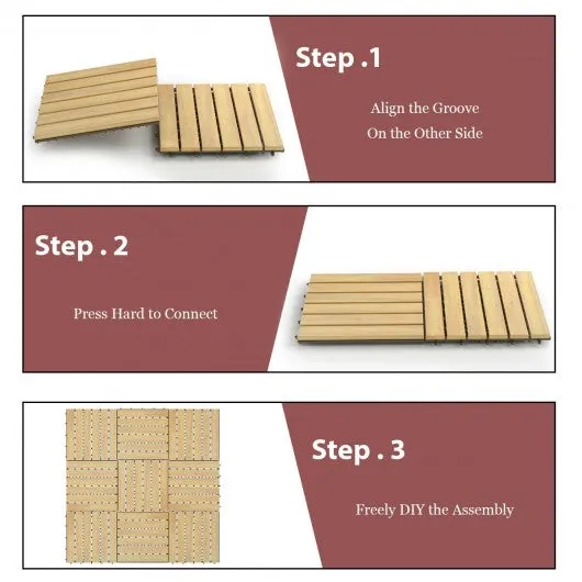 10 PCS 12" x 12" Acacia Wood  Interlocking Stripe Deck Tiles