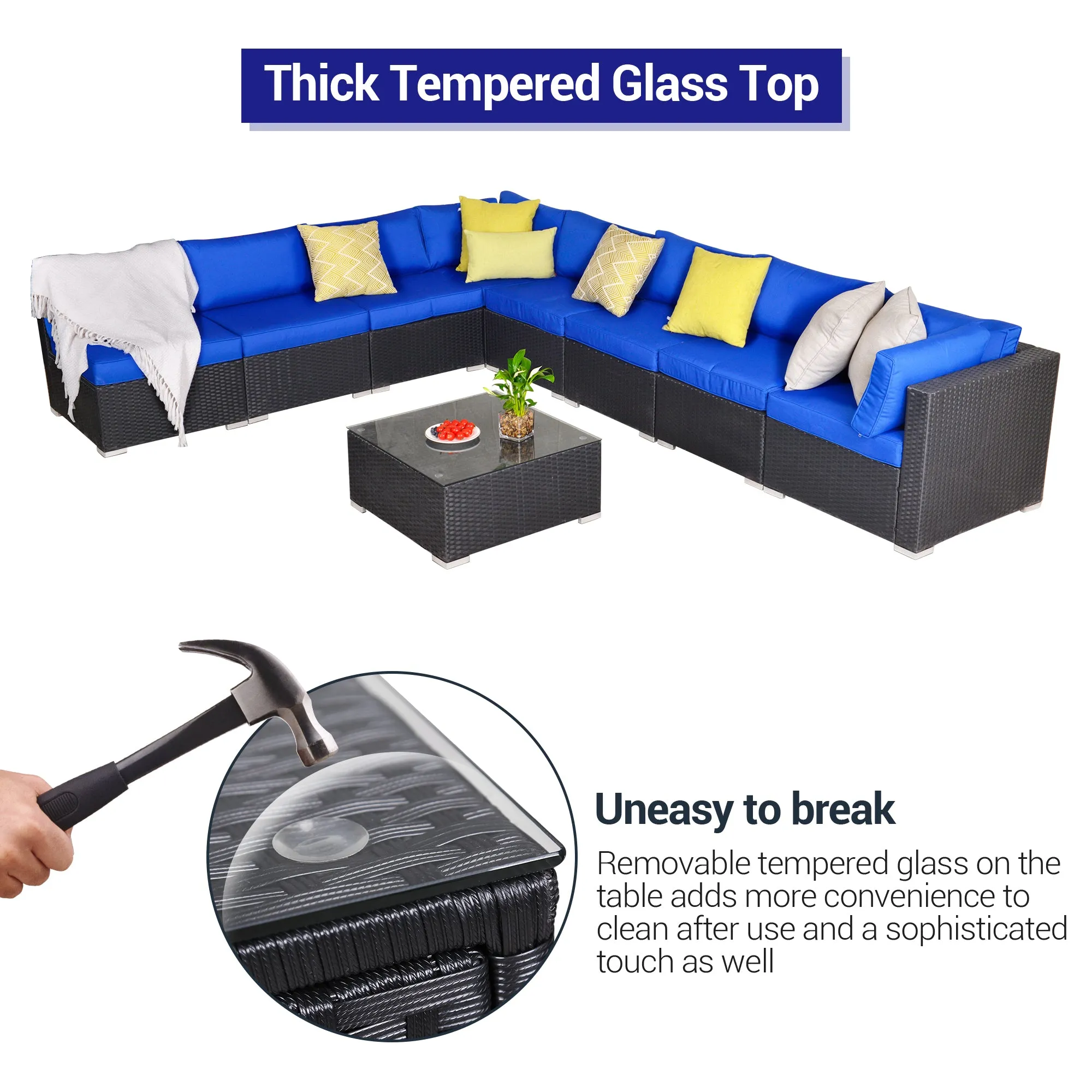 9 Piece Conversation Sofa Set, with Coffee Table, Navy Blue Cushions