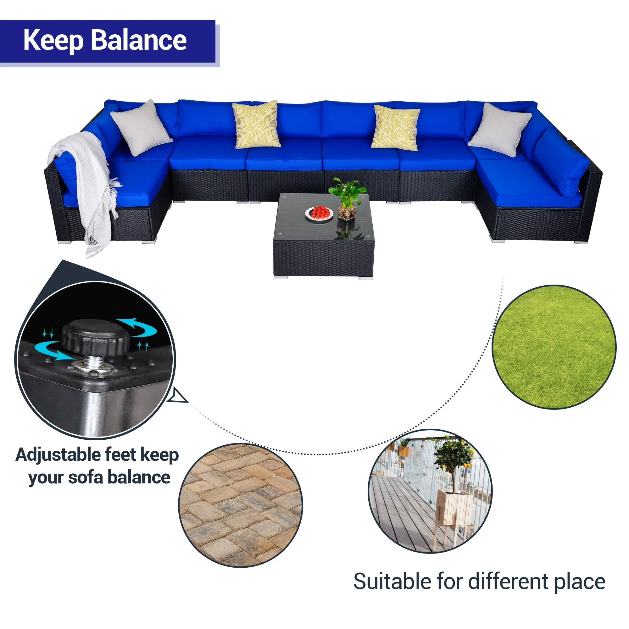 9 Piece Conversation Sofa Set, with Coffee Table, Navy Blue Cushions