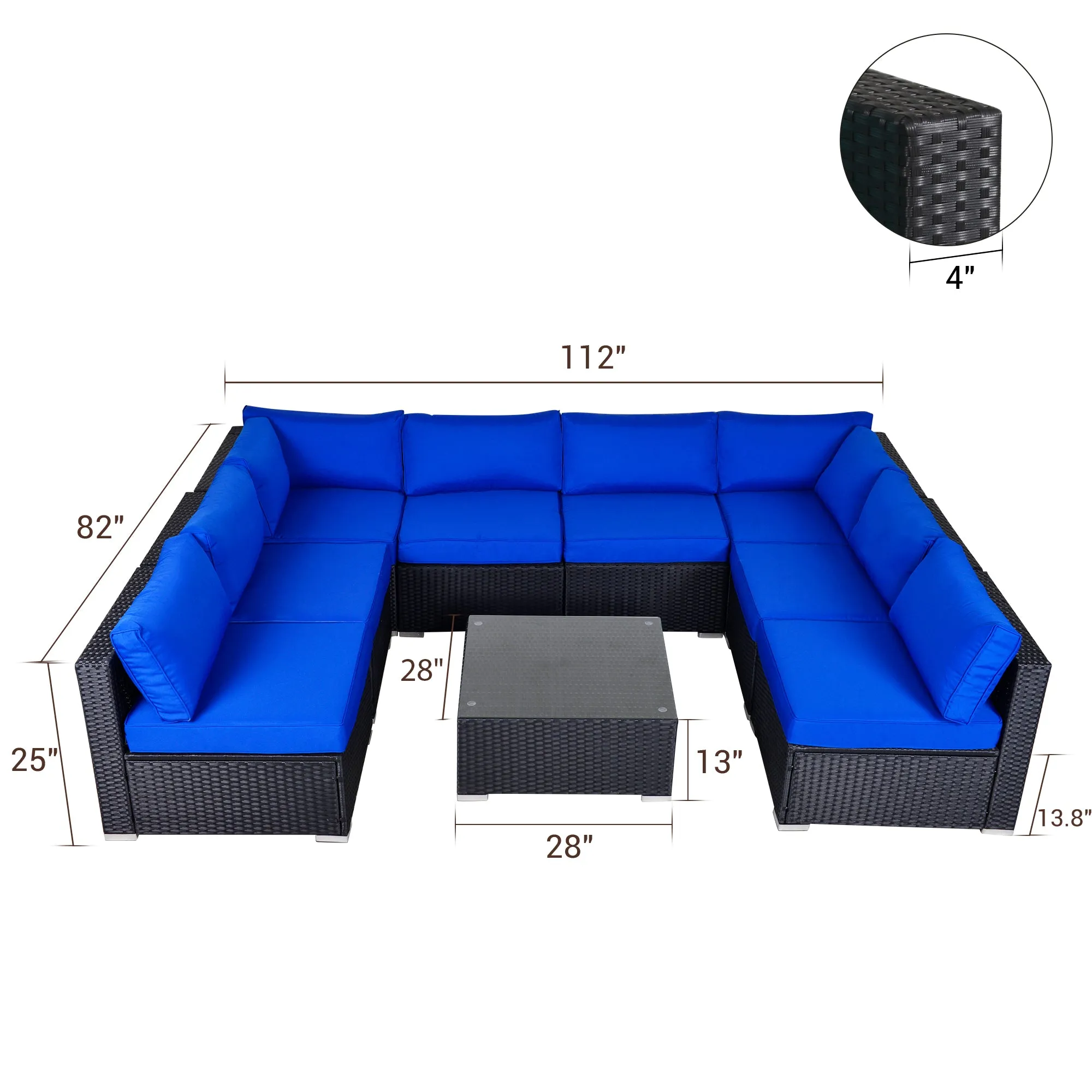 9 Piece Conversation Sofa Set, with Coffee Table, Navy Blue Cushions