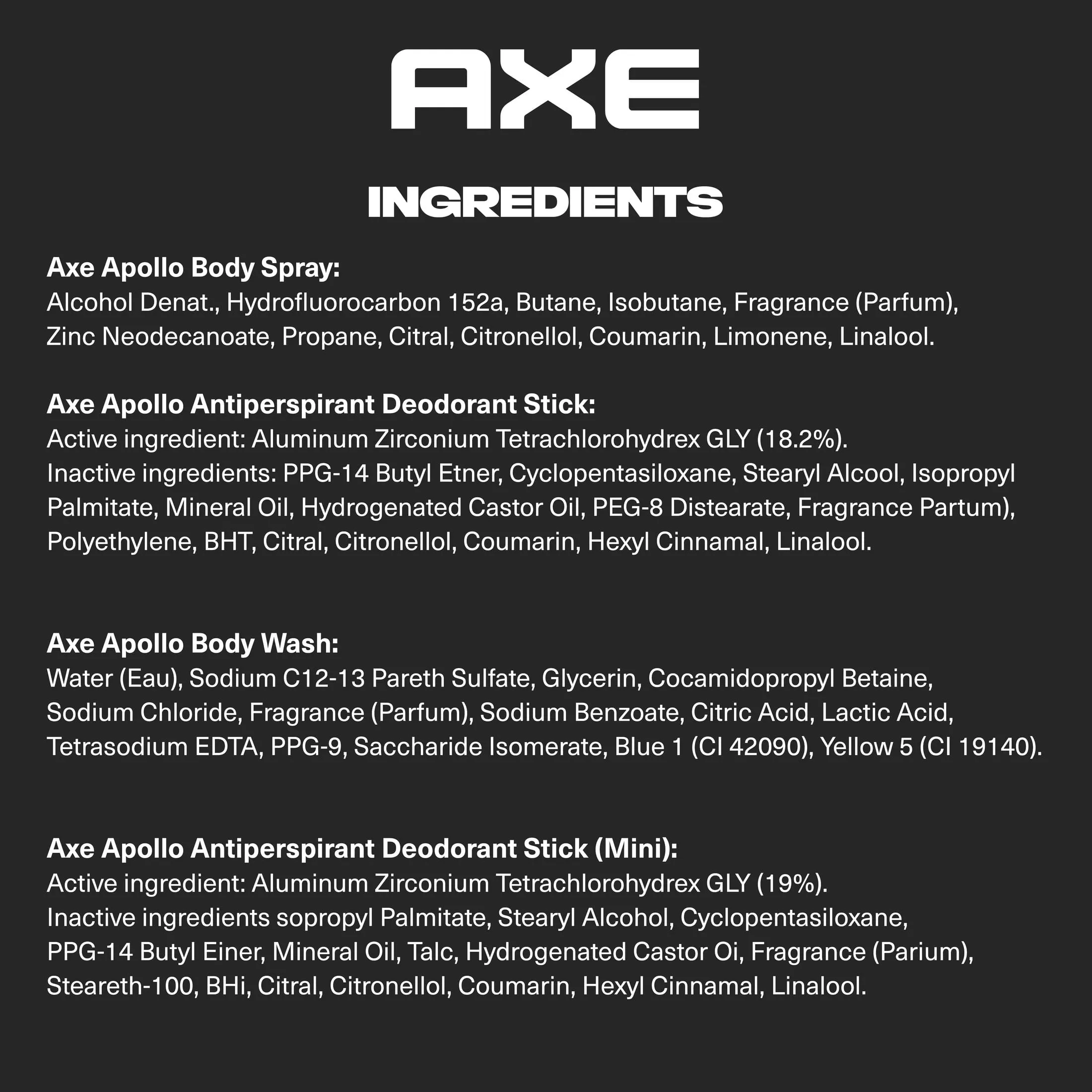 Axe Men's Gift Set Body Wash Deodorant Spray Antiperspirant Deodorant Stick Apollo Sage Cedarwood, 4 Count