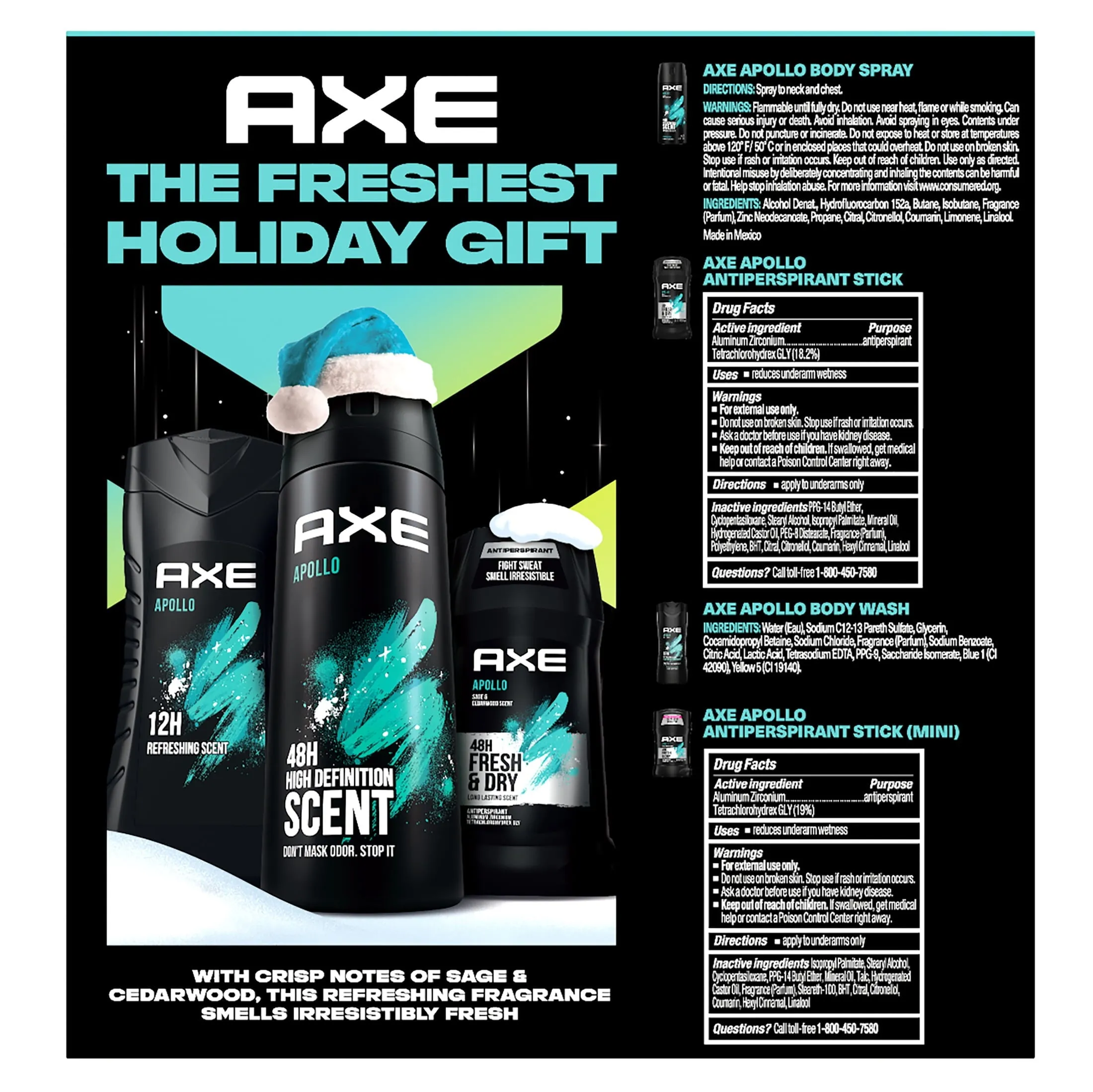 Axe Men's Gift Set Body Wash Deodorant Spray Antiperspirant Deodorant Stick Apollo Sage Cedarwood, 4 Count