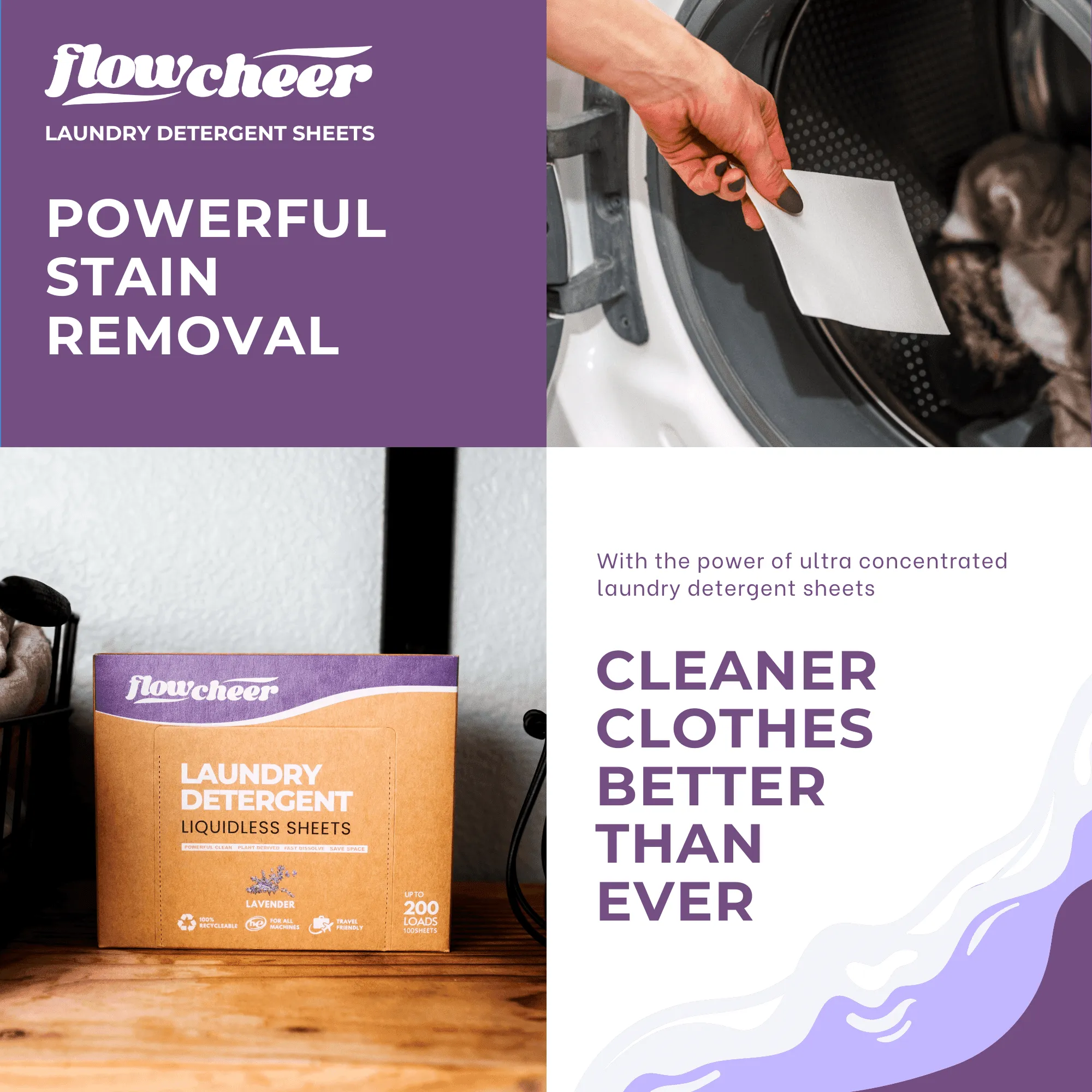 Flowcheer Eco Friendly Laundry Detergent Sheets - 200 Counts - Lavender
