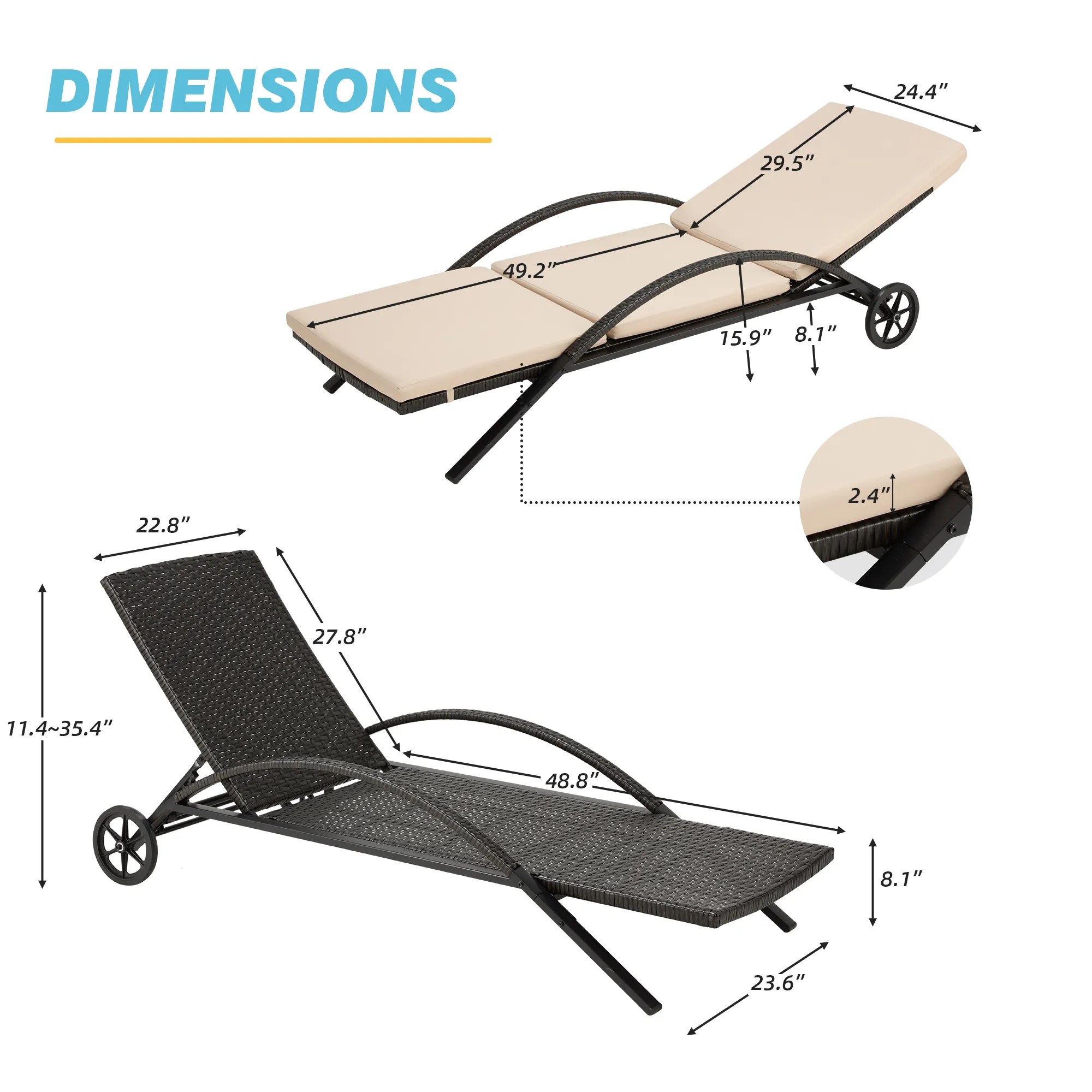 HOMREST Outdoor Chaise Lounge Chair Clearance Set of 2, PE Rattan Wicker Pool Lounge Chair with Wheels for Poolside (Khaki)
